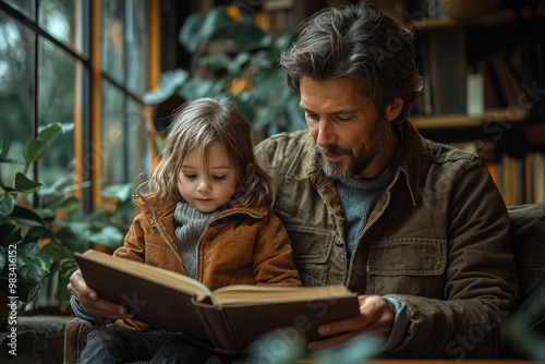 A child and their parent reading a book together in a cozy living room, sharing a moment of learning and affection. Concept of family time and education.