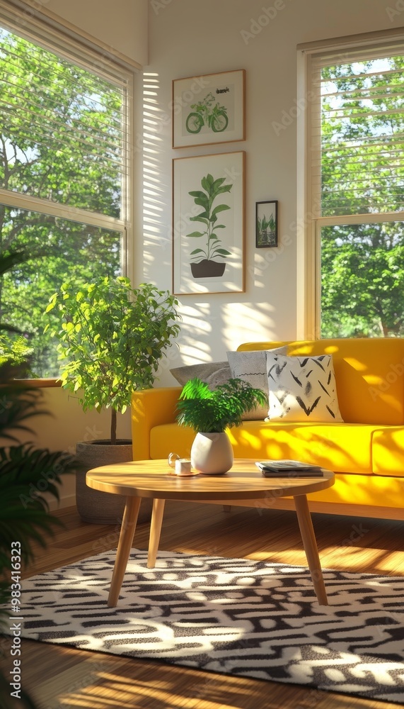 Fototapeta premium Sunny Living Room Interior with Yellow Sofa, Houseplants, and Coffee Table in Bohemian Style
