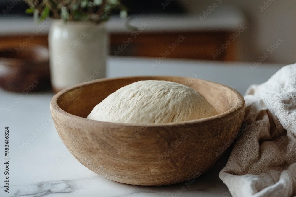Dough Rising in a Wooden Bowl on a Marble Countertop Dough Rising in a Wooden Bowl on a Marble Countertop