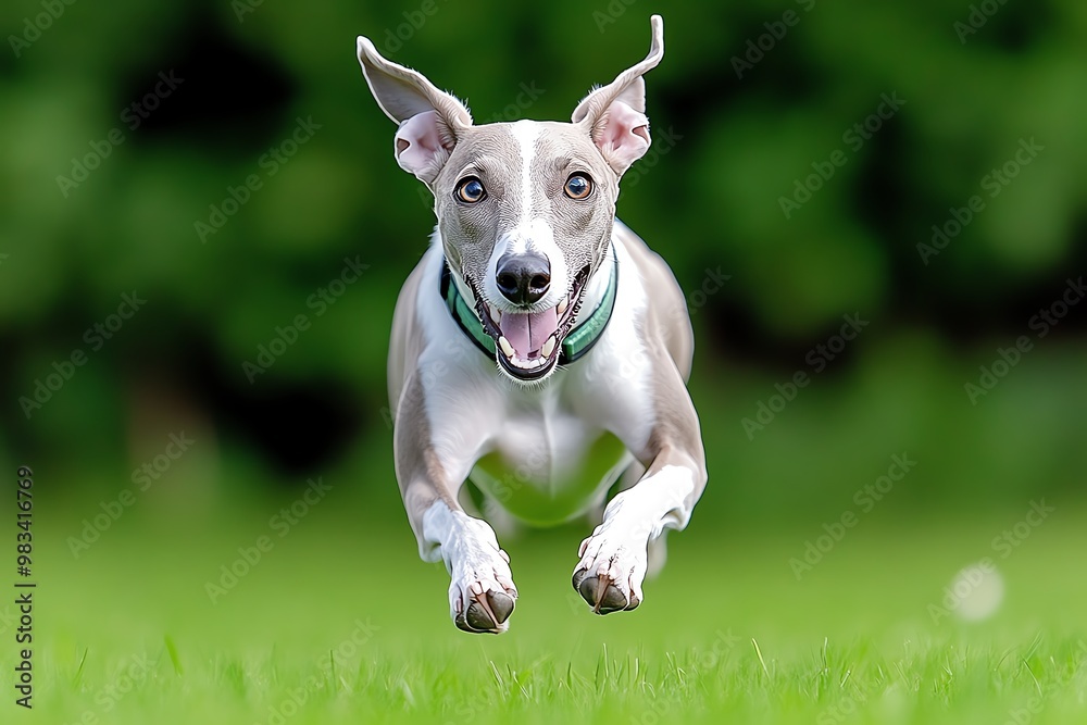 Greyhound dog, sleek and graceful, running across an open field Greyhound dog, sleek and graceful, running across an open field