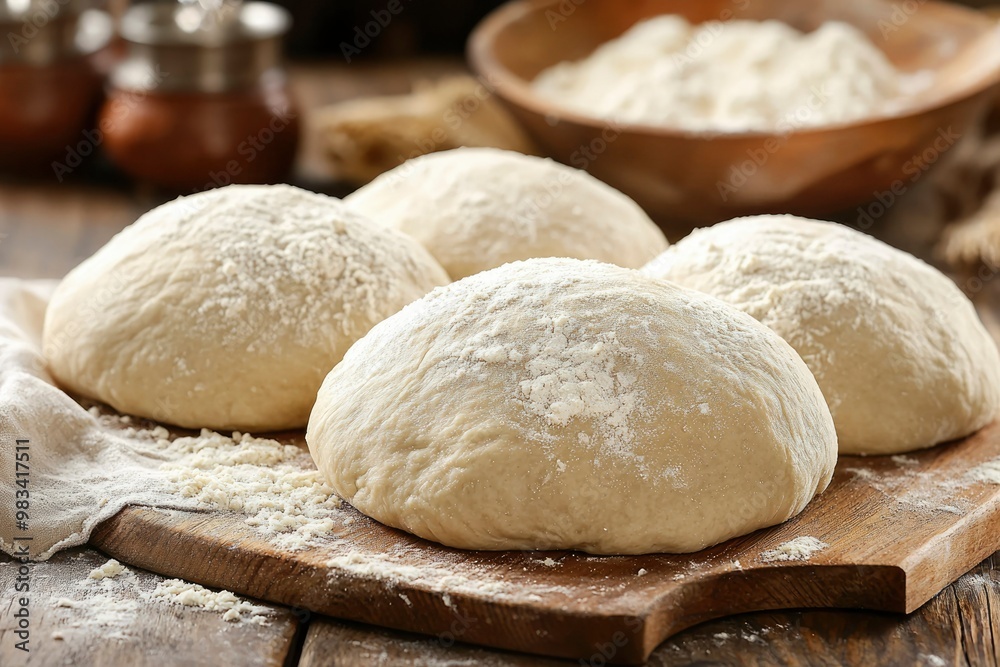 Four Balls of Dough on a Wooden Cutting Board with Flour Four Balls of Dough on a Wooden Cutting Board with Flour