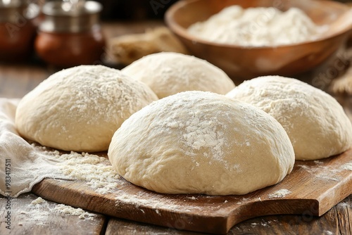 Four Balls of Dough on a Wooden Cutting Board with Flour