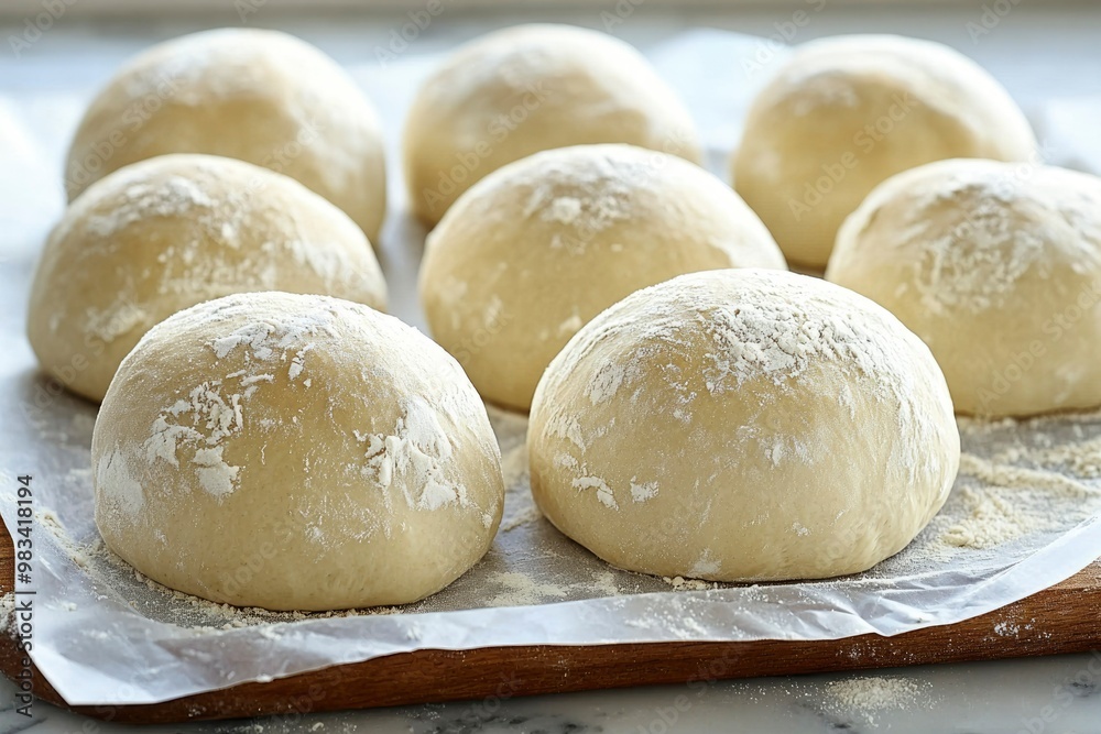 Dough Balls Coated in Flour on a Wooden Cutting Board Dough Balls Coated in Flour on a Wooden Cutting Board
