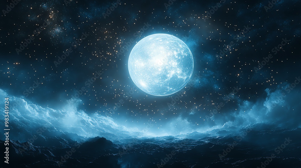 Fototapeta premium A full moon shines bright in a night sky filled with stars, illuminating an alien landscape.