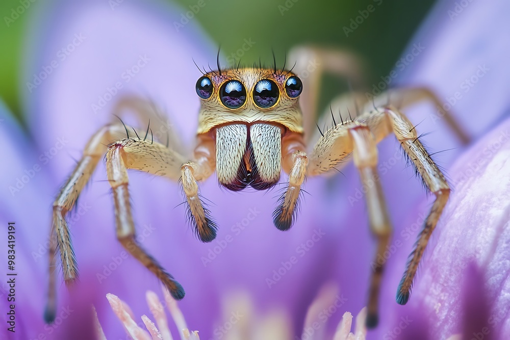 Fototapeta premium Macro photography of a jumping spider on a purple flower. Close up, wildlife, nature, insect, arachnid.
