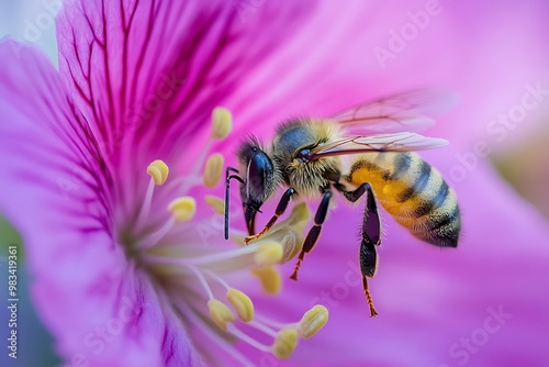 Close up of a honey bee pollinating a pink flower