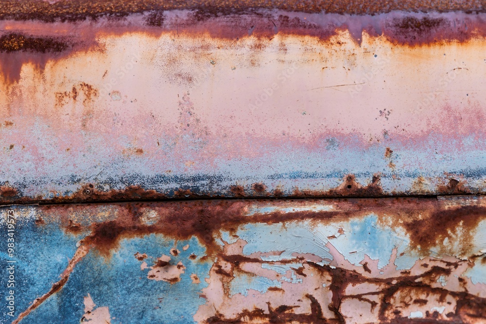 Fototapeta premium Closeup of rust and peelsed paint on an abandoned and rusted classic car in the The historical Horopito Motor Wreckers - Smash Palace, near Raetihi, Manawatu-Wanganui, New Zealand.