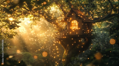 Enchanted Treehouse Surrounded by Magical Light