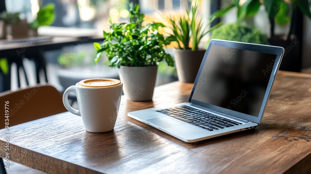 A laptop computer and a cup of coffee on a table in a cafe. A laptop computer and a cup of coffee on a table in a cafe.