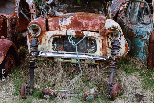 Abandoned and rusted classic cars in the The historical Horopito Motor Wreckers - Smash Palace, near Raetihi, Manawatu-Wanganui, New Zealand.