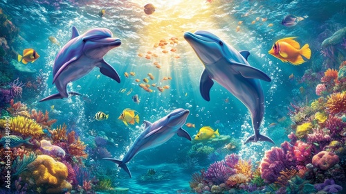 Vibrant Underwater Scene with Dolphins and Coral Reef