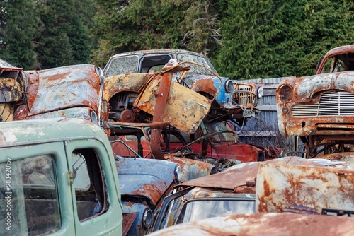 Abandoned and rusted classic cars  in the The historical Horopito Motor Wreckers - Smash Palace, near Raetihi, Manawatu-Wanganui, New Zealand. photo