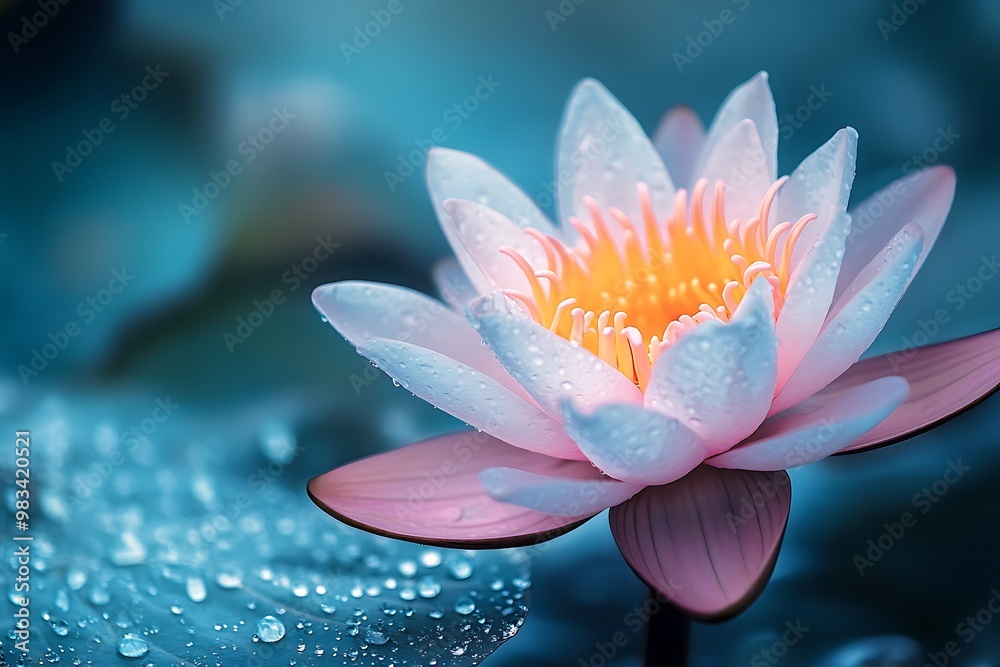 Water Lily Bloom with Pink Petals and Yellow Stamen in Blue Water with Water Droplets Water Lily Bloom with Pink Petals and Yellow Stamen in Blue Water with Water Droplets