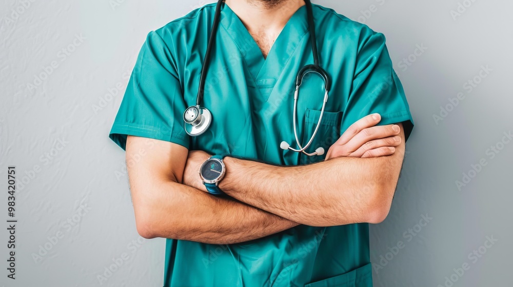Portrait of a Confident Male Doctor with Folded Arms, Sporting a Stethoscope over his Teal Scrubs Portrait of a Confident Male Doctor with Folded Arms, Sporting a Stethoscope over his Teal Scrubs