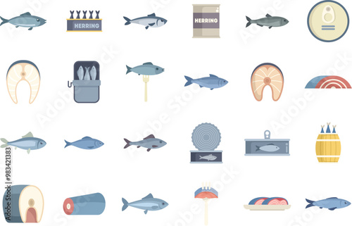 This set of icons represents different ways herring is prepared, packaged, and consumed