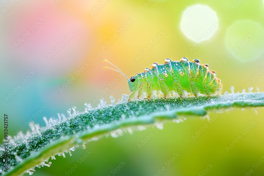 Naklejka premium Macro Photography of Green Caterpillar on Leaf with Dew Drops