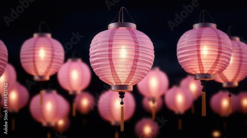 Pink lanterns floating in the air for breast cancer awareness night selective focus - Symbolizing hope rising - surreal - Double exposure - Night sky backdrop photo