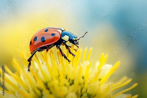 Macro photography of ladybug on a yellow flower