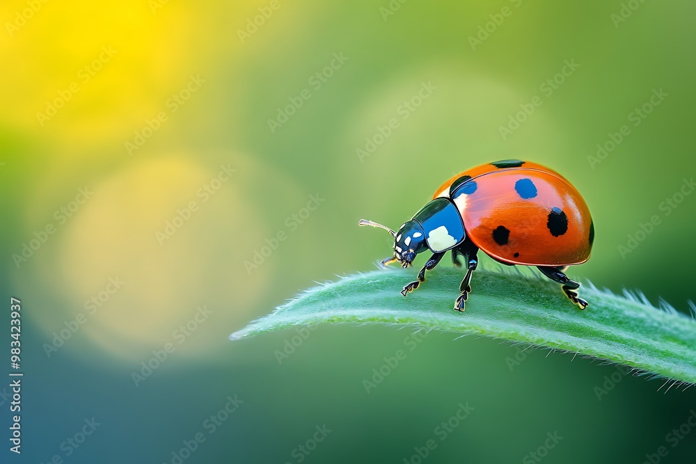Fototapeta premium Closeup of ladybug on green leaf with blurred yellow and green background