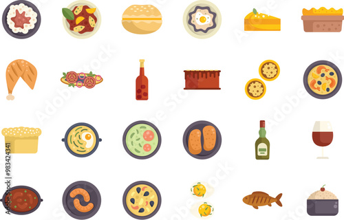 This colorful icon set features popular dishes and drinks of portugal
