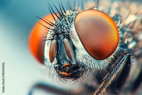 Extreme close up of a fly's face with compound eyes and hairy antennae. photo