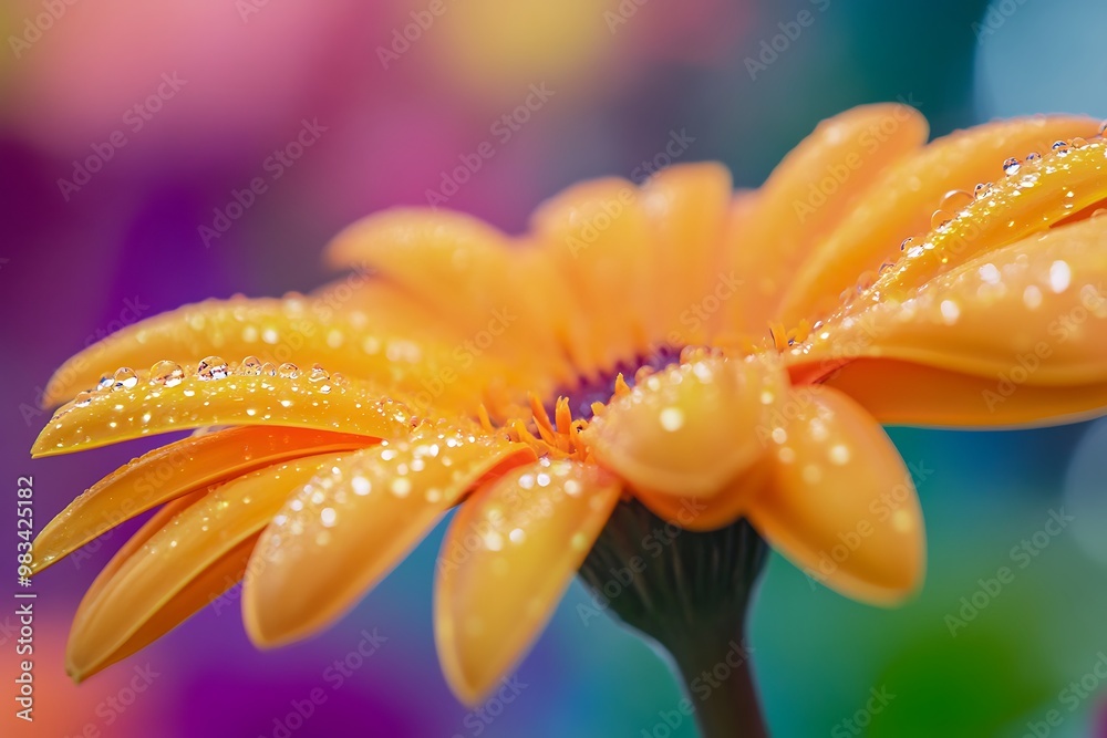 Close up of a yellow gerbera daisy with dew drops, vibrant colors, macro photography Close up of a yellow gerbera daisy with dew drops, vibrant colors, macro photography