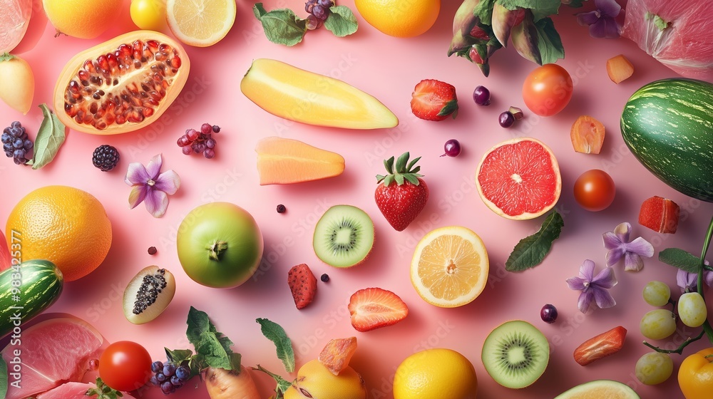 Vibrant display of assorted fruits on a pink background showcasing nature's bounty in a creative arrangement Vibrant display of assorted fruits on a pink background showcasing nature's bounty in a creative arrangement
