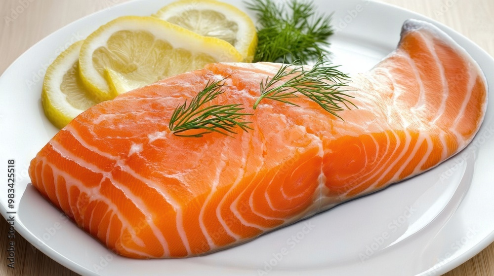 A plate with a piece of salmon and lemon slices, AI A plate with a piece of salmon and lemon slices, AI