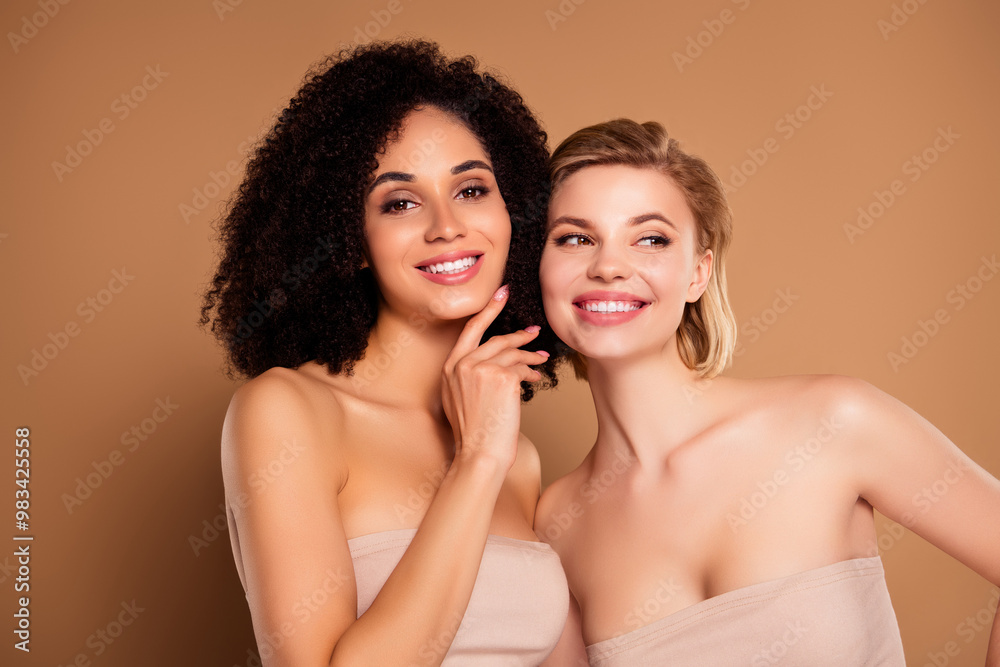 Photo of cute shiny women wear lingerie top embracing accepting imperfect skin isolated brown color background Photo of cute shiny women wear lingerie top embracing accepting imperfect skin isolated brown color background