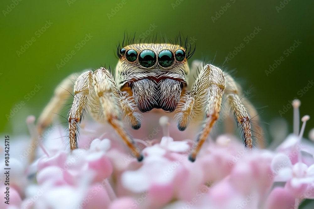 Macro Photography of Jumping Spider with Big Green Eyes on White Flower Macro Photography of Jumping Spider with Big Green Eyes on White Flower