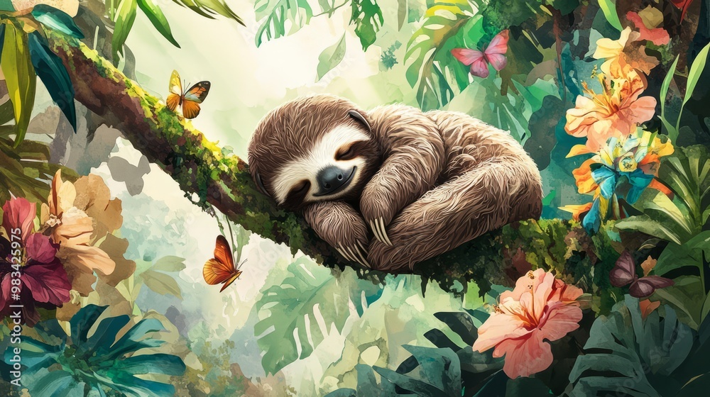 Obraz premium Sleeping Sloth in a Tropical Paradise with Butterflies