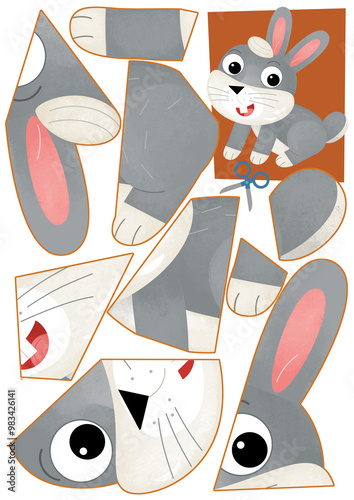 Wallpaper Mural cartoon scene with character puzzle cutout educational exercise manual work with scissors animal rabbit bunny illustration for kids cutout Torontodigital.ca