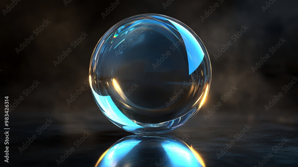 A shiny, blue and gold crystal ball sits on a dark, reflective surface. A shiny, blue and gold crystal ball sits on a dark, reflective surface.