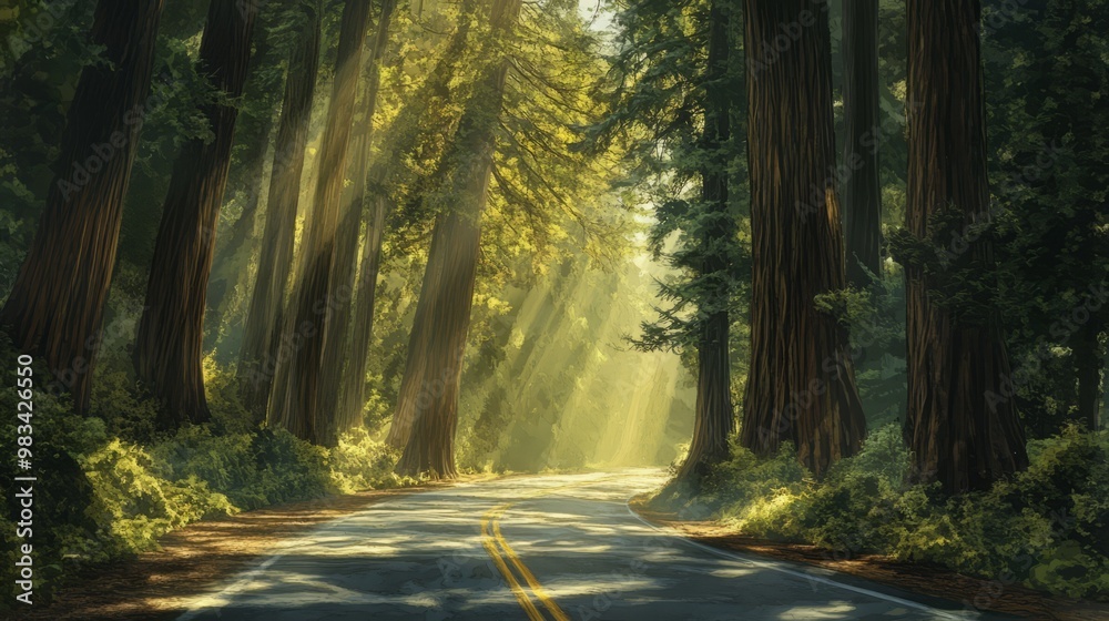 Obraz premium Peaceful Forest Road Surrounded by Majestic Trees