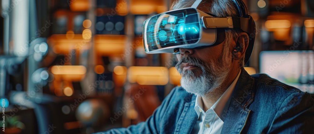 A man with a beard wears a VR headset, engaged in an immersive digital experience amidst a stylish, modern environment.