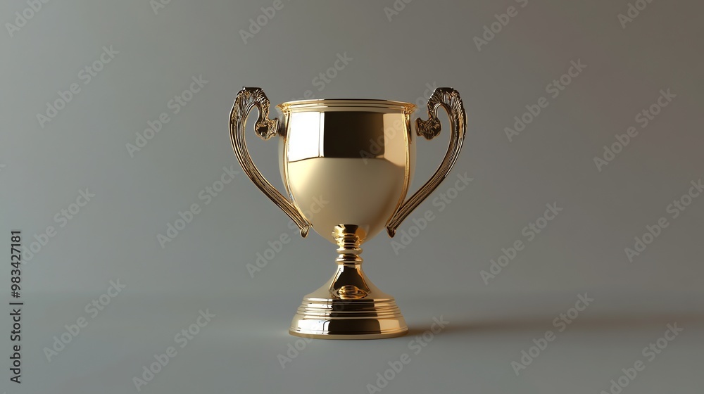 A shiny golden trophy with two handles on a grey background. A shiny golden trophy with two handles on a grey background.