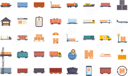 This vector illustration set includes various logistics and delivery icons showing cargo transportation, freight shipping, and global trade