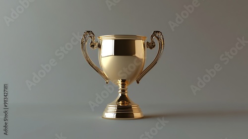 A shiny golden trophy with two handles on a grey background.