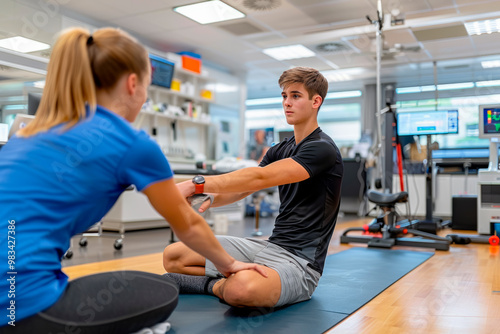 A young man performs stretching exercises under the guidance of a physiotherapist in a bright, well-equipped rehabilitation room