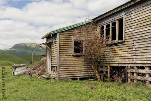 Abandoned farm shed on farmland in Whakamaru, Mangakino, Waikato, New Zealand. photo