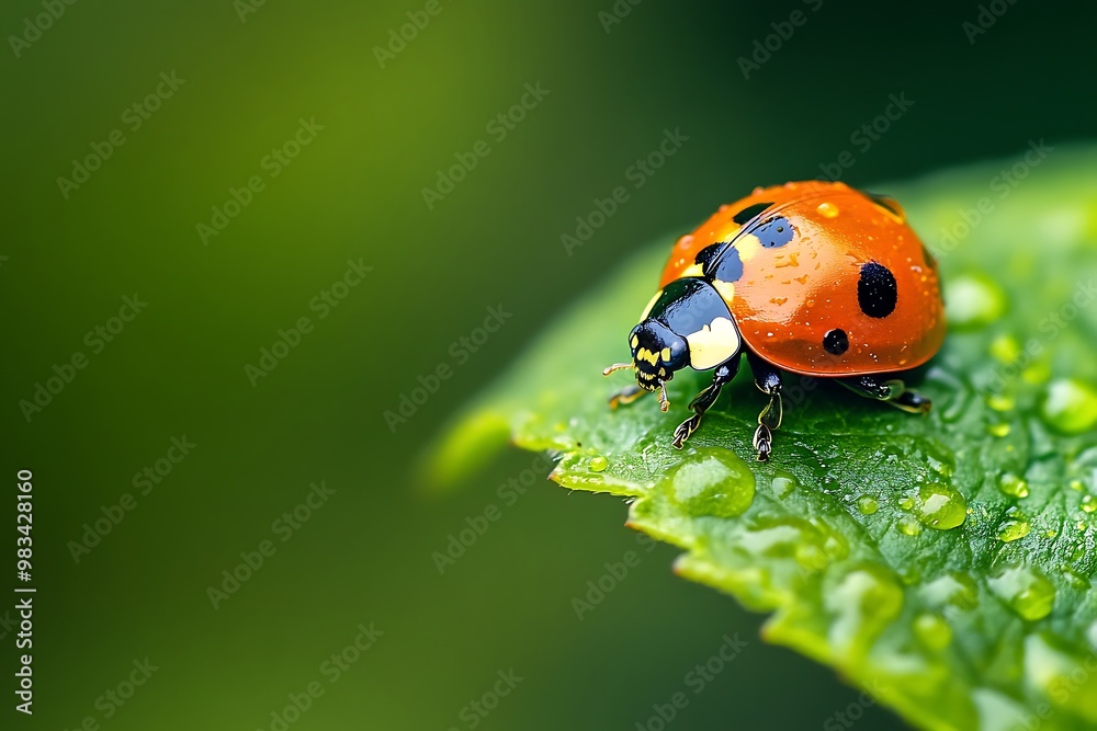 Fototapeta premium Ladybug on a Green Leaf with Water Drops
