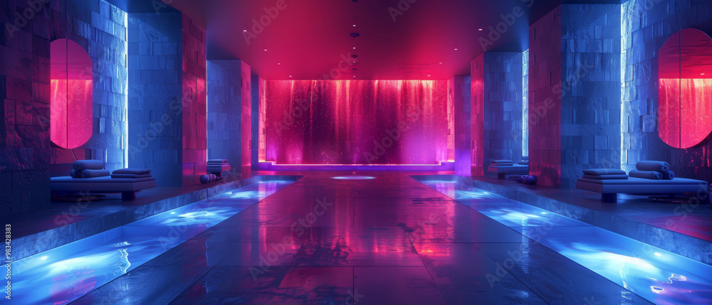 Modern High-Tech Gym with Red Neon Lighting Modern High-Tech Gym with Red Neon Lighting