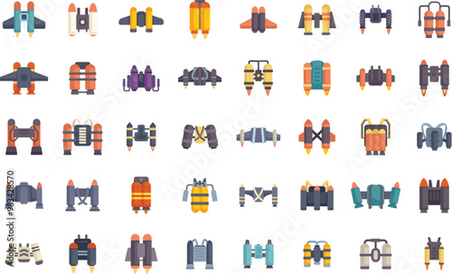 Large set of different jetpacks with diverse designs, colors, and functionalities, enabling individuals to experience personal flight