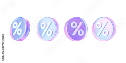 A set of percentage icons in the form of coins in a holographic style.