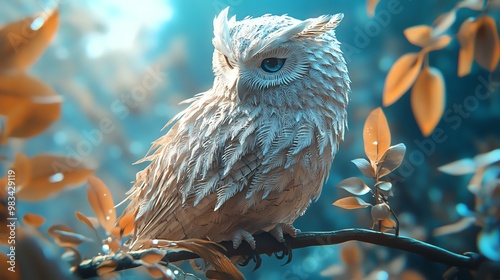 A white owl with piercing blue eyes perches on a branch in a forest.