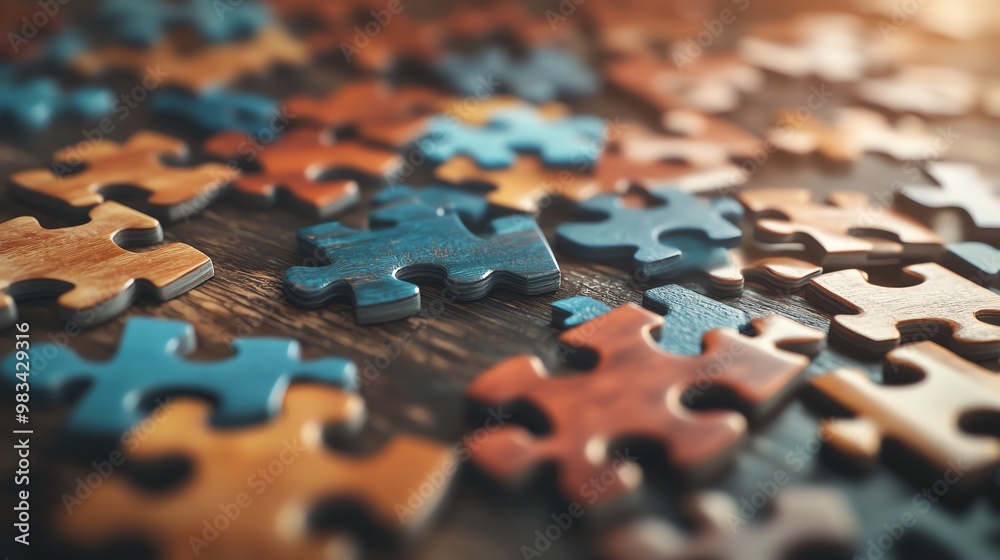 A close-up view of scattered jigsaw puzzle pieces on a wooden surface, showcasing vibrant colors and intricate shapes. A close-up view of scattered jigsaw puzzle pieces on a wooden surface, showcasing vibrant colors and intricate shapes.