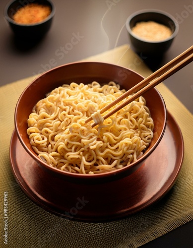 Instant pasta, Japanese and Chinese noodles. Ramen type soup in a plate with chopsticks photo