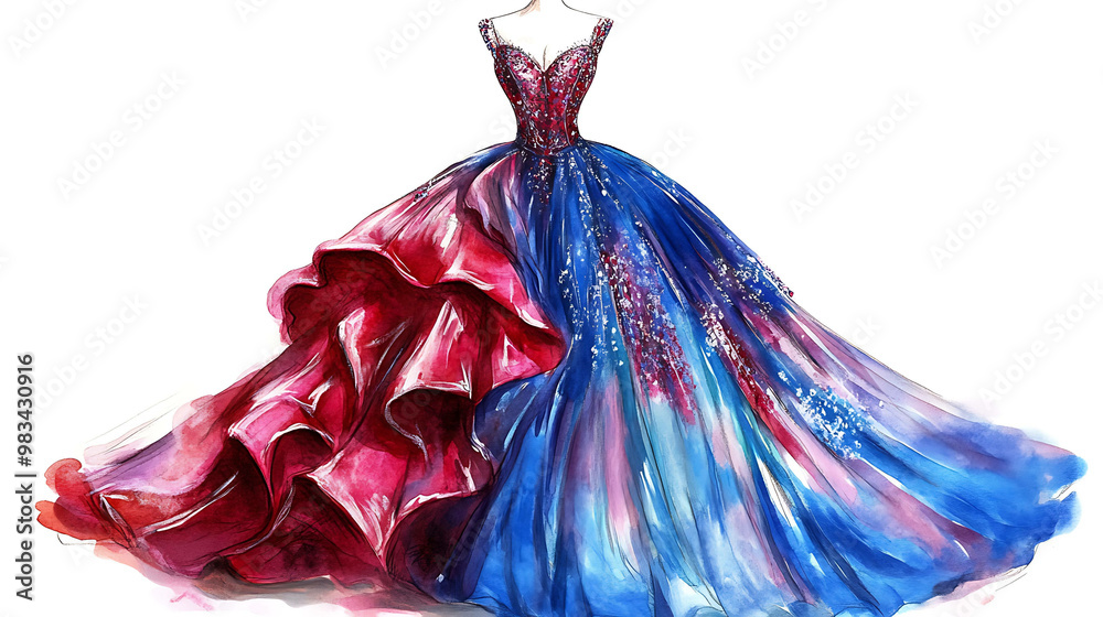 Φωτογραφία A watercolor illustration of a beautiful, flowing evening gown in red and blue