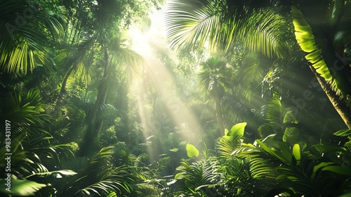 Sunlight beams through lush green tropical rainforest.