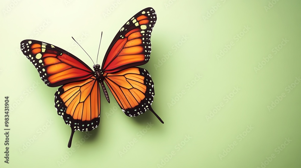 Fototapeta premium A single monarch butterfly with orange and black wings is on a soft green background.